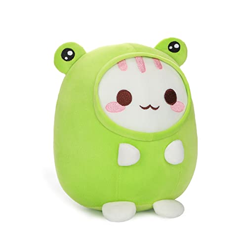AIXINI Cute Cat Frog Plush Pillow 8" Kitten Frog Stuffed Animal, Soft Kawaii Cat Plushie with Frog Outfit Costume Gift for Kids - Cat Frog