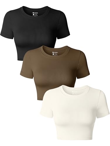 OQQ Women's 3 Piece Crop Tops Crew Neck Shorts Sleeve Stretch Fitted Shirts Crop Tops - Small - Black,coffee,beige