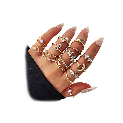 17IF Gold Boho Sparkle Knuckle Rings Set For Women Girl, Vintage Fashion Aesthetic Trendy Joint Snake Ring Pack, Retro Pink Rhinestone Assorted Moon Star Crystal Love Leaf Diamond Pearl Jewelry - 16 Flower