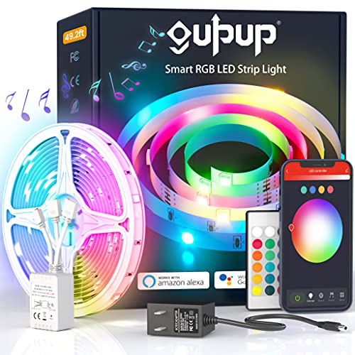 GUPUP WiFi Led Lights 50 FT,Tuya Smart App Controlled Led Strip Lights,Work with Alexa and Google Assistant Devices,Sound Activated Light Strip,Music Sync,Color Changing,Decoration(APP+Remote+Voice) - 50 FT WIFI