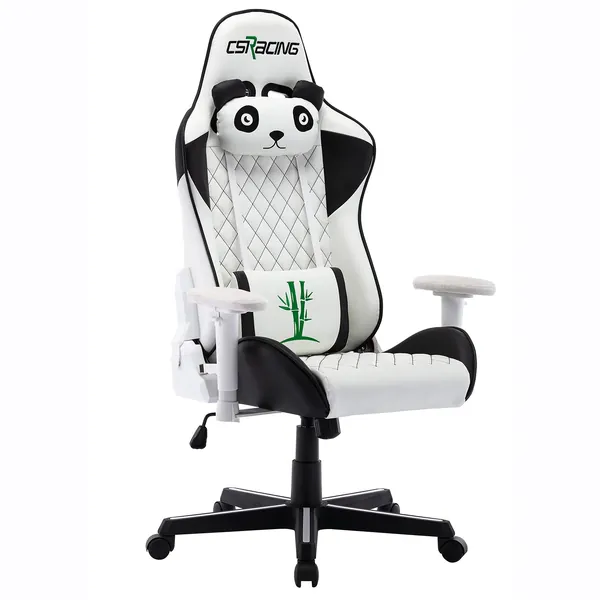 Modern Stylish PC Gaming Chair High Reclining Back Office Chair Desk Chair PU Leather Executive Ergonomic Swivel Chair with Panda Shape Headrest Lumbar Support Flip Up Arms, White and Black - Black White
