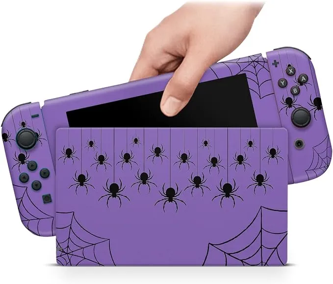 ZOOMHITSKINS Compatible with Nintendo Switch Skin Cover Spider Web Cartoon Cute Black Purple Halloween 3M Vinyl Decal Sticker Wrap, Made in the USA - Switch Purple Spider Halloween