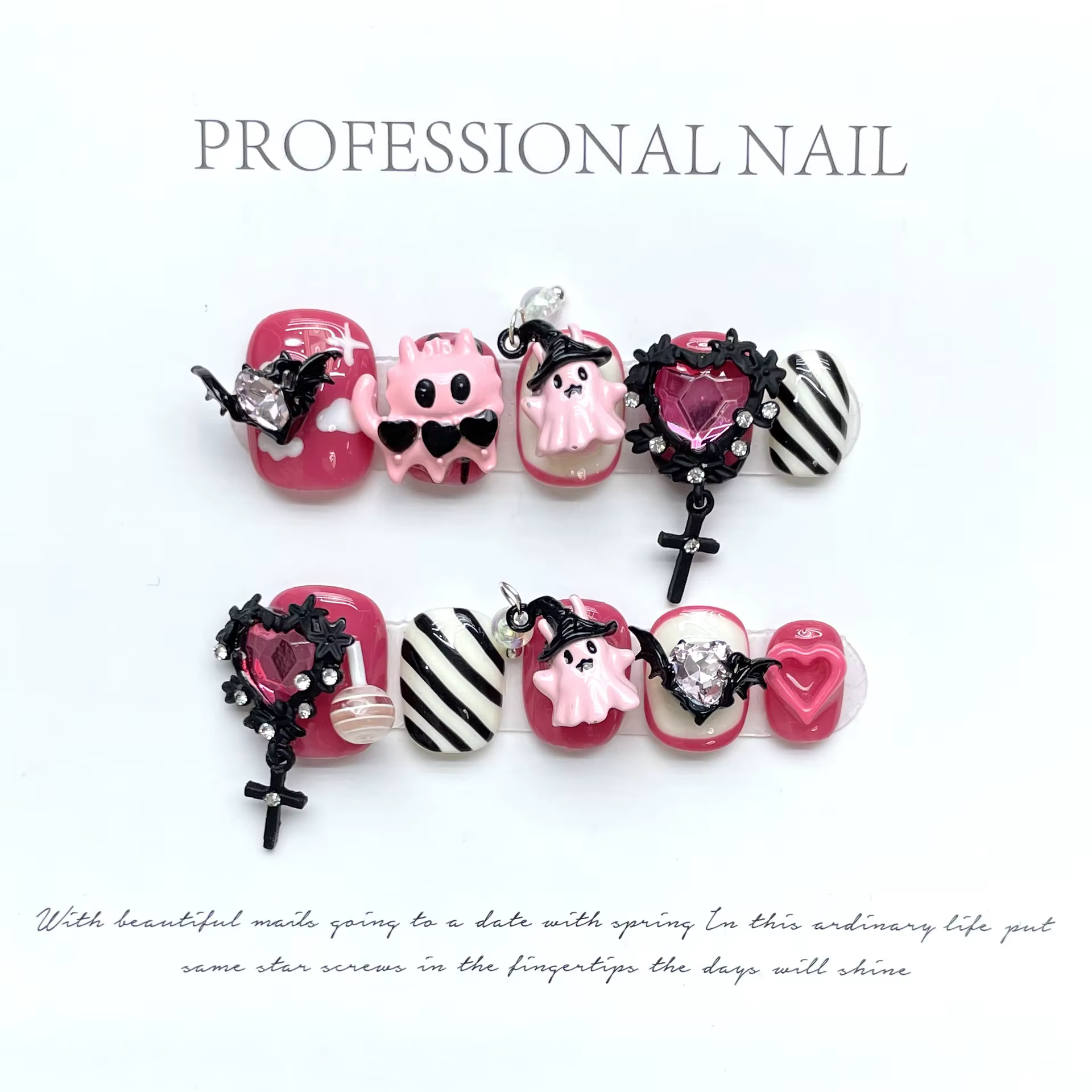 10 Pcs Handmade Press-On Nails Pretty Rose Ghost Love Crystal Design