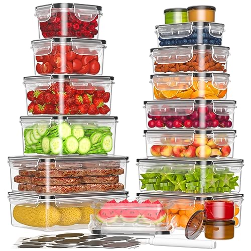 KEMETHY 36-Piece Food Storage Containers with Lids(18 Containers & 18 Lids), Plastic Food Containers for Pantry & Kitchen Storage and Organization, BPA-Free, Leak Proof, Reusable with Labels & Pen - 36 Piece