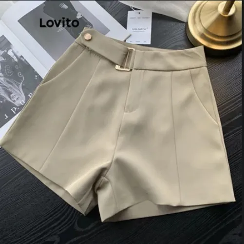 Lovito Women Casual Plain Asymmetrical Metal Pocket Shorts