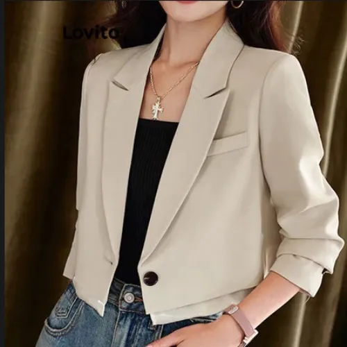 Lovito Women Casual Plain Button Front Blazer 