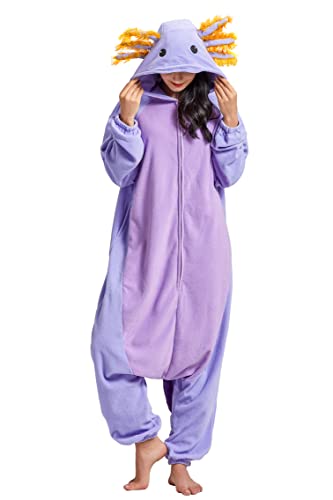 DELEY Unisex Axolotl Onesie Adult Halloween Costume Anime Axolotl Cosplay Pajamas Warm Sleepwear Homewear - X-Large - Lavender Axolotl