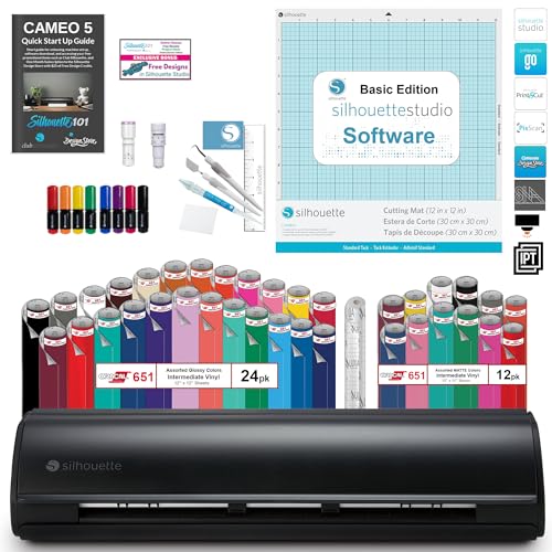 Silhouette Cameo 5 Vinyl Bundle- 36 Sheets of Vinyl, Vinyl Tool Kit, Premium Blade, Pens, and Cameo 5 Start Up Guide with Extra Designs (Matte Black) - Matte Black