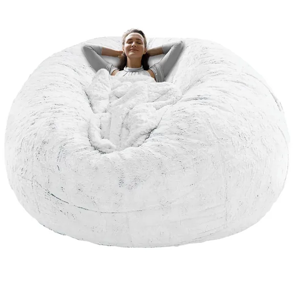 Cookit Bean Bag Chair Cover(Cover Only,No Filler) Chair Cushion, Big Round Soft Fluffy PV Velvet Washable Lazy Sofa Bed Cover, Living Room bedroom Furniture,5ft/150cm White