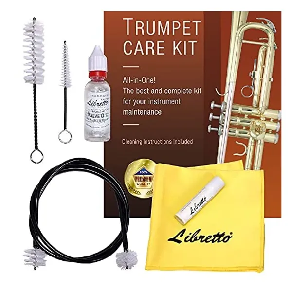 
                            Libretto Trumpet (Cornet) ALL-INCLUSIVE Care Kit w/Instructions: Valve Oil+Slide Grease+Cleaning Cloth+Mouthpiece/Valve/Bore Brushes, Giftable Handy Case, Time to Clean & Extend Life of your Trumpet!
                        