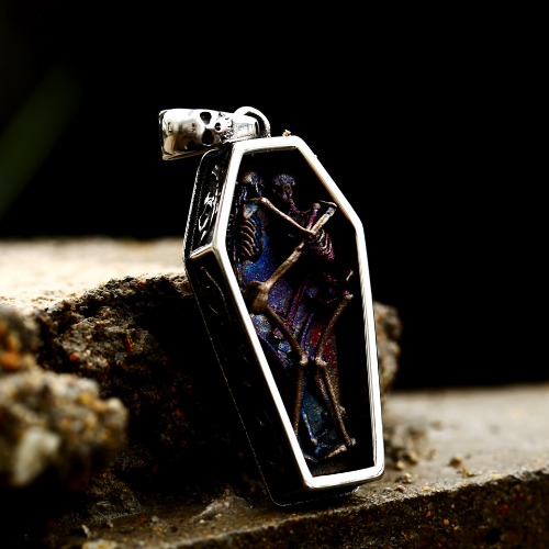 Gothic Double Skull Coffin Necklace - silver