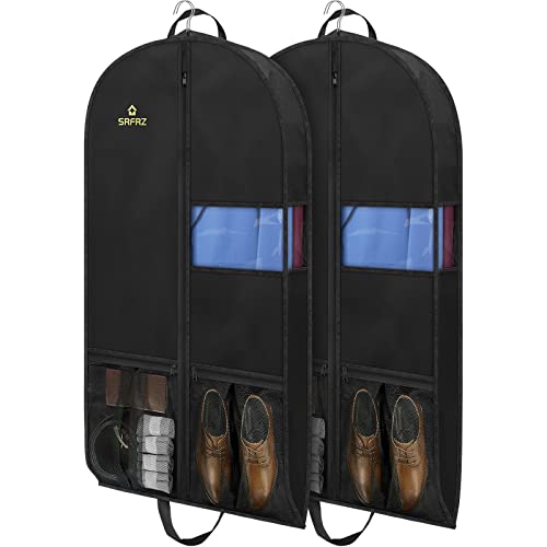 SRFRZ 43" Heavy Duty Garment Bags Suit Bags for Travel Hanging Clothes Closet Storage, 4" Gussetes with Pockets and 2 Carry Handles, Protector for Coat, Dress, Jacket, Shirts, Black 2 Packs