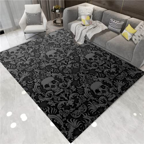 Vintage Black Gothic Skull Area Rugs Home Decor Halloween Rug Non Slip Soft Carpet Throw Rugs Floor Carpet Goth Decor Witch Wiccan Decor for Living Room Bedroom 6'x8' - Black - 6'x8'