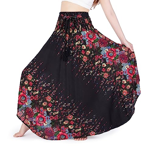 Lannaclothesdesign Women's Long Maxi Skirt Boho Bohemian Hippie Style Dress - Small-Medium Long - Black Flower
