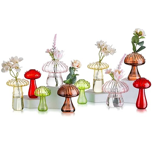 Glasseam Mushroom Propagation Vase, Colored Flower Vases Decorative Set of 10, Unique Small Glass Vases for Flowers,Aesthetic Mini Cute Vase Decor, Hydroponic Bud Vase for Bedroom Bathroom Kitchen - Colorful - 10