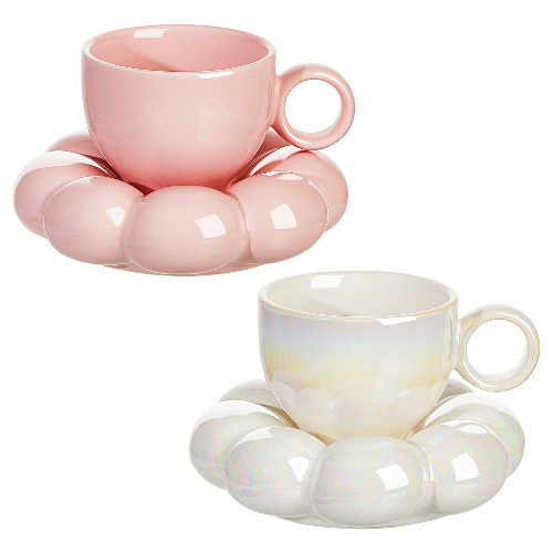 2 Pieces Ceramic Cloud Mug Cute Cup with Sunflower Coaster 7oz Cute Ceramic Coffee Mug with Saucer Set for Office Home Coffee Tea Latte Milk, Pink and Pearl White - Sunflower