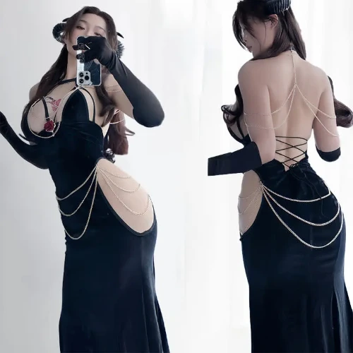 Sexy Halter Hollow Out Backless Chain Fishtail Dress