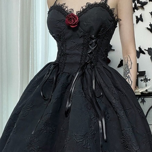 'Creep' Black Lace Up Dress - black / L