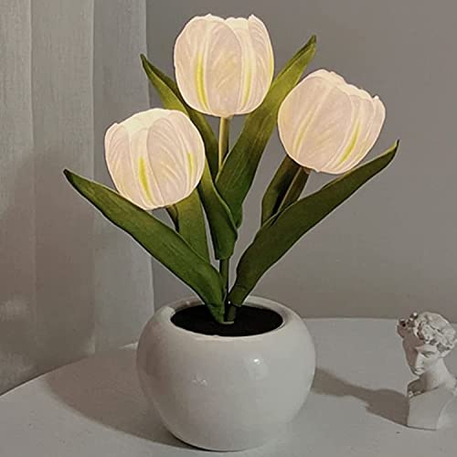 Tulip Night Light with Ceramic Vase Simulation Tulip Led Table Lights with Battery, Table Lamp Ornaments for Home Living Room Wedding, Gift Idea (Pink)