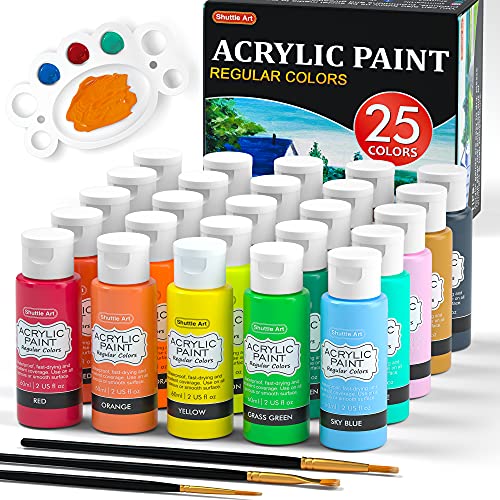 Shuttle Art Acrylic Paint Set, 25 Colours Acrylic Paints, 2oz/60ml Bottles, Rich Pigmented, Waterproof, Premium Acrylic Paints for Artists, Beginners and Kids on Canvas Rocks Wood Ceramic Fabric - 25 Basic Colours