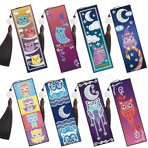 MVVMTOP 8 Pieces Bookmarks Diamond Painting Owl Diamond Art Bookmark Bird Tassel Resin Rhinestone Leather Bookmark Kit for Adults DIY Beginner - Owl