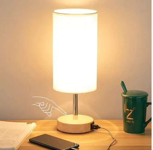 Yarra-Decor Bedside Lamp with USB Port - Touch Control Table Lamp for Bedroom Wood 3 Way Dimmable Nightstand Lamp with Round Flaxen Fabric Shade for Living Room, Dorm, Home Office (LED Bulb Included)