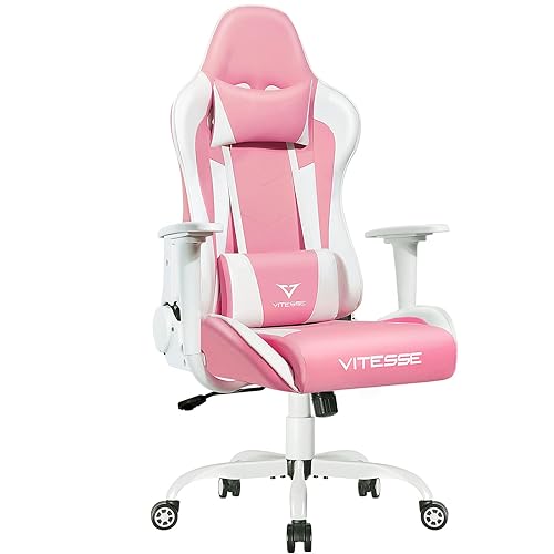 PUKAMI Pink Cute Kawaii Gaming Chair for Girl Ergonomic Desk Racing Office Adjustable High Back Game Swivel Leather Chair with Lumbar Support and Headrest - Pink