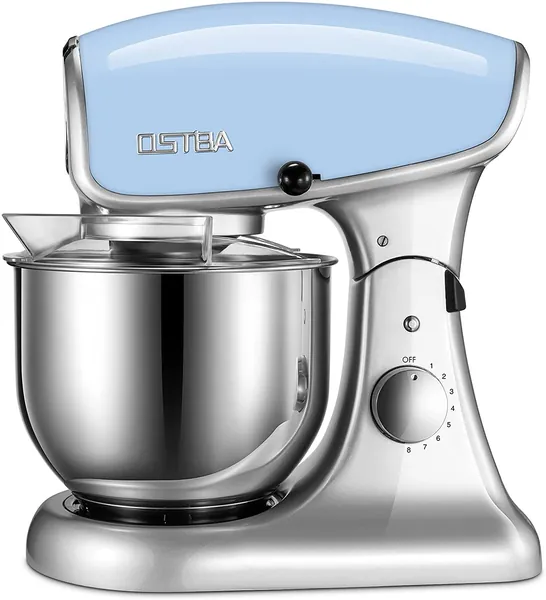 OSTBA Electric Kitchen Food Stand Mixer，5.5QT 600W 8 Speed Die-Cast Stand Mixers, Tilt-Head, Metal Gear, Powerknead Spiral Dough Hook, Wire Whip, Flat Beater, Stainless Steel Bowl, Shield, FM302 Blue