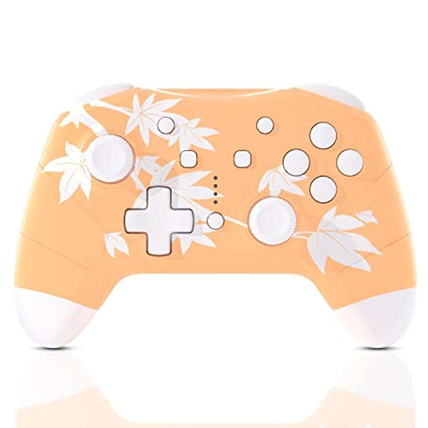 Mytrix Wireless Controller Compatible with Nintendo Switch/Lite/OLED, Cute Wireless Pro Controllers Gamepad with Wake-Up, Headphone Jack, Auto-Fire Turbo, Motion, Vibration, Maple Leaf Orange(with Instruction)