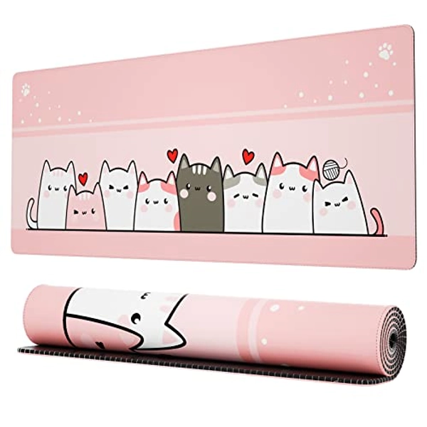 Ovenbird Extended Gaming Computer Mouse Pad, Large Pink Cat Mouse Pad for Desk, Cute Desk Pad for Keyboard and Mouse for Cat Lovers, Pink, 31.5 x 11.8 x 0.12 inches