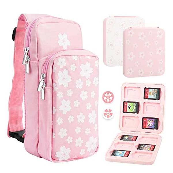FUNDIARY Travel Bag for Nintendo Switch, OLED & Lite Carrying Case, Portable Shoulder Bag Set for Switch, Crossbody Backpack Accessories Bundle with Game Case and 2 Thumb Caps - Pink Sakura