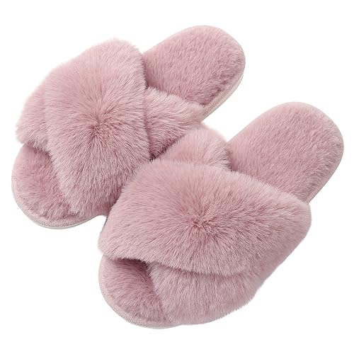 Evshine Women's Fuzzy Slippers Cross Band Memory Foam House Slippers Open Toe - 8.5-9.5 - Dusty Pink