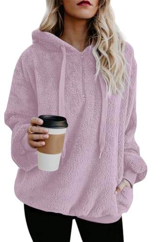 ReachMe Womens Oversized Sherpa Pullover Hoodie with Pockets Fuzzy Fleece Sweatshirt Buffalo Plaid Fluffy Coat - Medium - A Solid Taupe