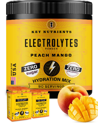 KEY NUTRIENTS Electrolytes Powder - Tropical Peach-Mango Electrolyte Drink Mix - Hydration Powder - No Sugar, No Calories, Gluten Free - Powder and Packets (20, 40, 90 Servings) - Peach Mango 90 Servings