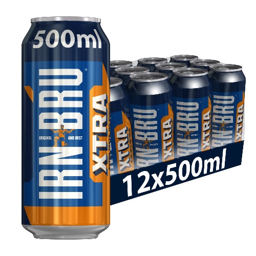 IRN-BRU XTRA 12 Big Can Fizzy Drinks 500ml Multipack Big Cans, XTRA Taste No Sugar, 12 Pack