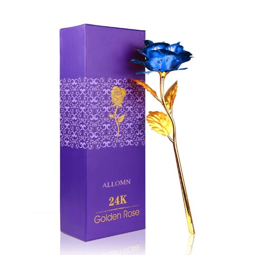 24K Golden Rose, ALLOMN Long Stem Real Rose Dipped in Gold with Gift Box, Best Mother's Day Gift (Blue) - Blue