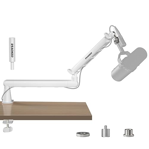 Microphone Arm,Aokeo AK-55 Desk Low Profile Adjustable Mic Boom Arm Stand,Suitable For Blue Yeti,Snowball iCE, HyperX QuadCast,SoloCast,Elgato Wave,Etc - White