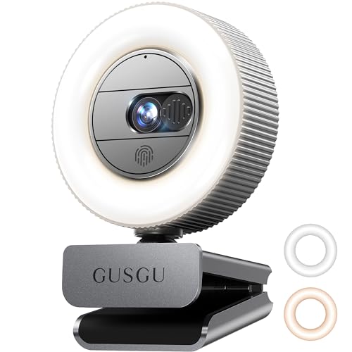 GUSGU 1440P Quad HD Webcam with Microphone, G910 Web Camera Privacy Cover & Ring Light, USB Computer Camera for MacBook/Laptop/Desktop, PC Streaming Camera