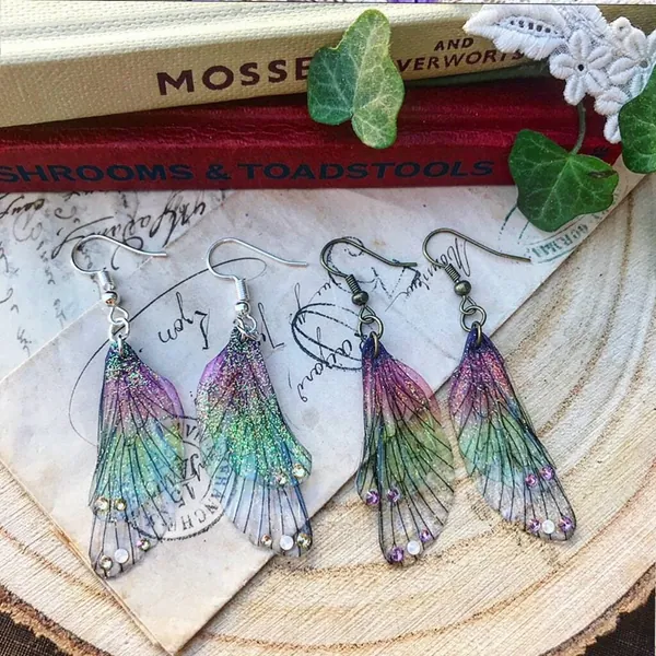 rainbow green and pink faerie wing earrings
