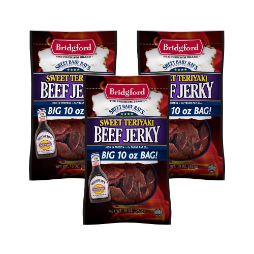 Bridgford Sweet Baby Ray's High Protein Beef Jerky, Low Carb Snack, Low Calorie, Keto Friendly, Sweet Teriyaki Flavor, 10 oz (Pack of 3) - 10 Ounce (Pack of 3)