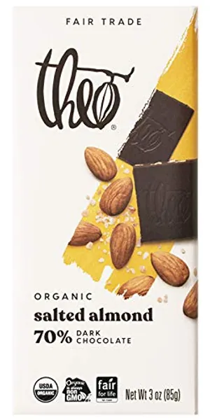 Theo Chocolate Salted Almond Organic Dark Chocolate Bar, 70% Cacao, 6 Pack | Vegan, Fair Trade
