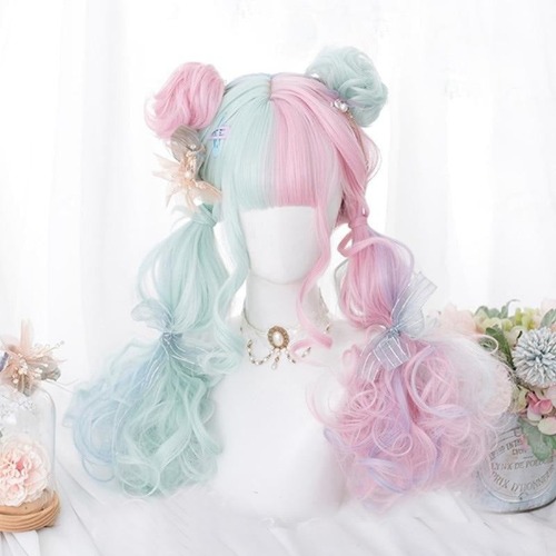 Mint & Pink Bun Wig - Wig with Buns