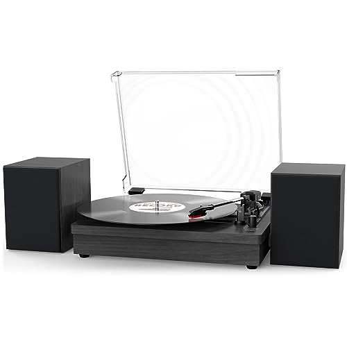 WOCKODER Record Player with Dual Stereo Speakers, Vinyl Record Player with 3 Speed Support Wireless Connection RCA Output Aux in USB Vintage Design Turntable Black - Black - Come with 2 Speakers
