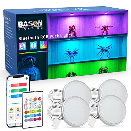 BASON LIGHTING RGB Under Cabinet Lighting, Halloween Decoration Lights, Bluetooth APP Control LED Puck Lights, Dimmable, Adapter Powered Shelf Decorative for Kitchen, Counter, Glass Cabinets - Upgraded(Bluetooch App Contorl) - RGB (Red, Green, Blue)