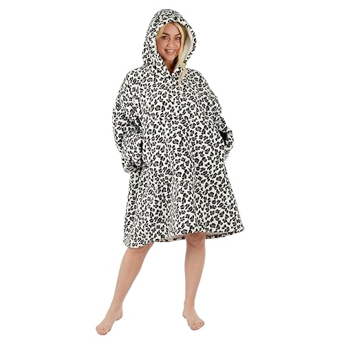 Hooded Snuggle Blanket Sherpa Lined Oversize Hoodie Top With Pockets - One Size - Black/White Leopard