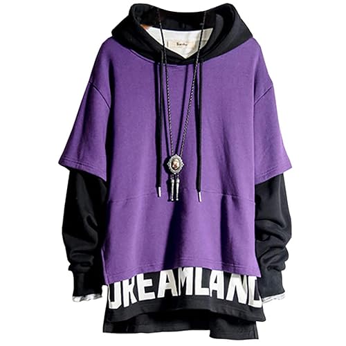 XIAOYAO Hoodie Herren Techwear Kapuzenpullover Hip Hop Streetwear Urban Patchwork Pullover Unisex Casual Frühling Herbst Winter - Lila Schwarz - 3XL
