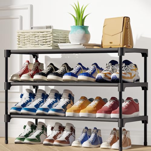 Kitsure Shoe Rack for Closet - Sturdy Shoe Organizer for Entryway and Front Door Entrance, 4-Tier Shoe Storage for up to 16 Pairs, Shoe Shelf, Closet Organizers and Storage, Black - Black - X-Large