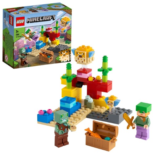 LEGO 21164 Minecraft The Coral Reef Building Toy with Alex, 2 Brick-Build Puffer Fish and Drowned Zombie Figures, Gifts for Boys & Girls