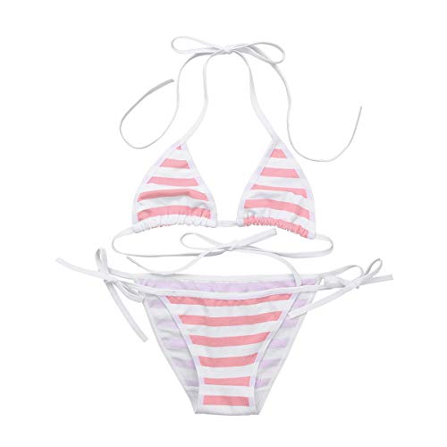 iEFiEL Women's Cute Kawaii Style Sexy Stripe Cotton Strappy Bikini Lingerie Set - One Size - Pink