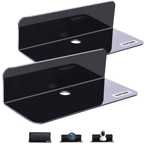 OAPRIRE Acrylic Floating Wall Shelves Set of 2, Damage-Free Expand Wall Space, Small Display Shelf for Smart Speaker /Action Figures with Cable Clips - Black